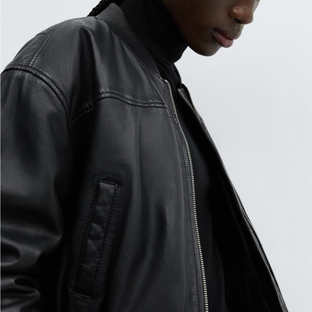 Mango Classic Black Leather Bomber Jacket - Picture 5 of 11